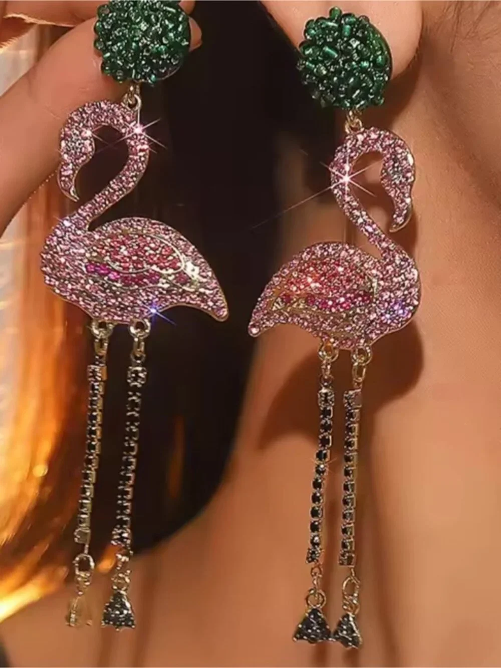 Pink Flamingo Drop Earrings with Green Beaded Tops